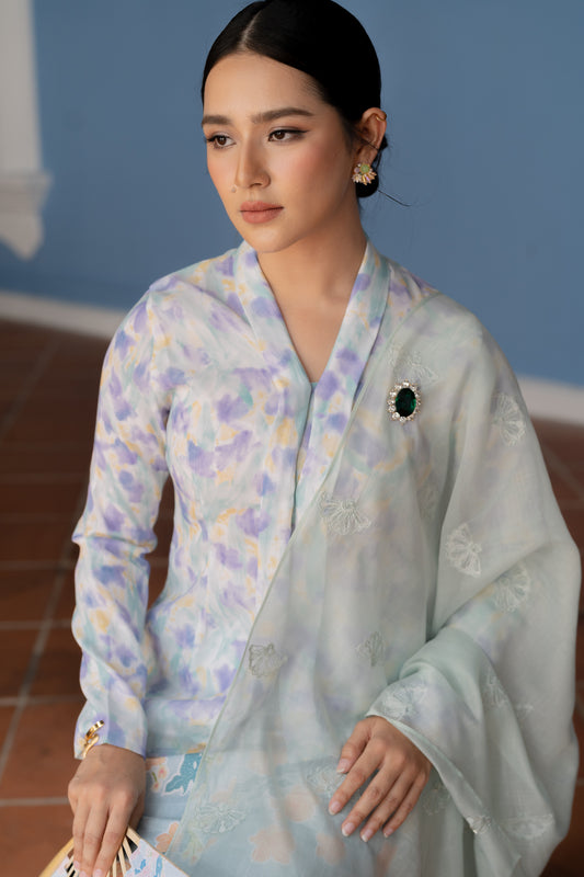 Sari Selendang Kipas Chiffon Organza in Dusty Green