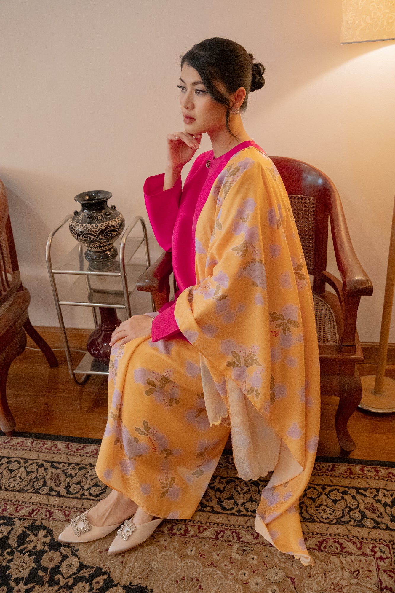 Saleha Print Selendang / Shawl in Yellow / Lilac