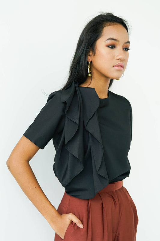 Black Ruffle Pleat Top