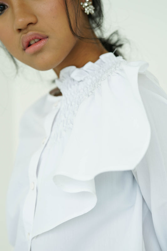 White Side Ruffle Long Sleeve Shirt