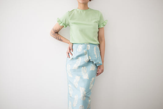 Brocade Side Pleat Skirt in Blue