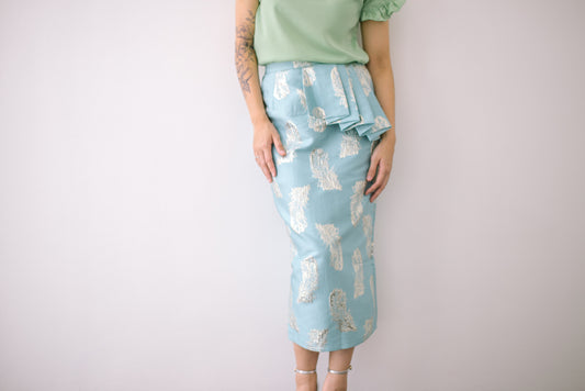 Brocade Side Pleat Skirt in Blue